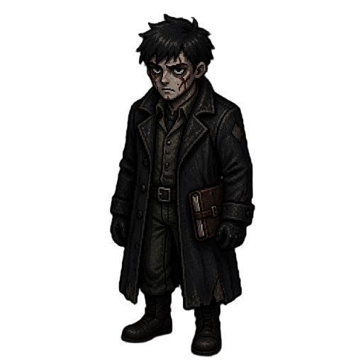 a dark supernatural detective protagonist for a 2d horror game, young adult male, tired eyes, serious expression, messy dark hair, pale skin, wearing a long dark coat, worn detective clothes, black gloves, boots, old leather journal attached to his belt, 