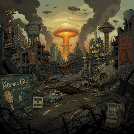 quero que seja uma cidade atomic punk metade destruida, cenario de guerra