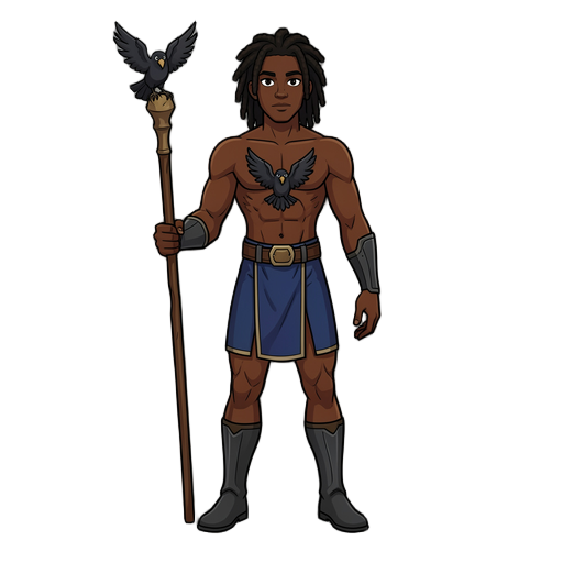 quero que vc crie um super heroi so que sem o traje, ele é negro e tem tranças o simbolo dele e um corvo e ele possui um bastão