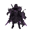 lean athletic assassin wearing a black hood, dark leather armor, and a torn cloak. glowing purple eyes emerge from the shadows. wields two curved shadow-steel daggers. surrounded by dark smoke and purple magical particles.