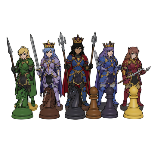 conjunto de peças de xadrez como personagens guerreiros de fantasia com silhuetas de anime, incluindo Rei, Rainha, Torres, Bispos, Cavalos e Peões, com silhueta, arma, armadura e detalhes individuais característicos de cada tipo