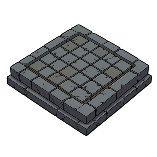 arena quadrada de fantasia sombria, com um tabuleiro perfeitamente centralizado de exatamente 8 colunas e 8 fileiras, plataforma quadrada de pedra com laterais visíveis e um pedestal ligeiramente maior que o tabuleiro