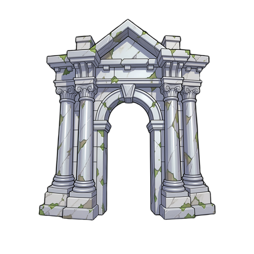 entrada monumental do Reino das Brancas, com arquitetura de mármore desgastado e pedra prateada, pilares, vigas e detalhes arquitetônicos