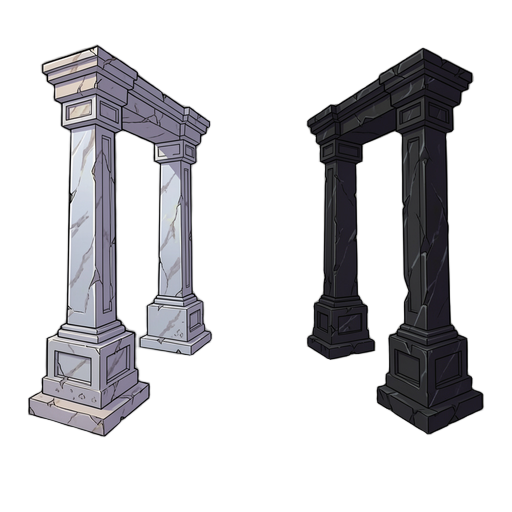duas entradas monumentais opostas, apoiadas no piso exterior e posicionadas simetricamente em relação ao centro da arena, com pilares, vigas e detalhes arquitetônicos; uma de mármore desgastado e pedra prateada, outra de obsidiana e pedra escura