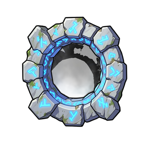 portal of weathered marble and silvery stone with luminous blue runes