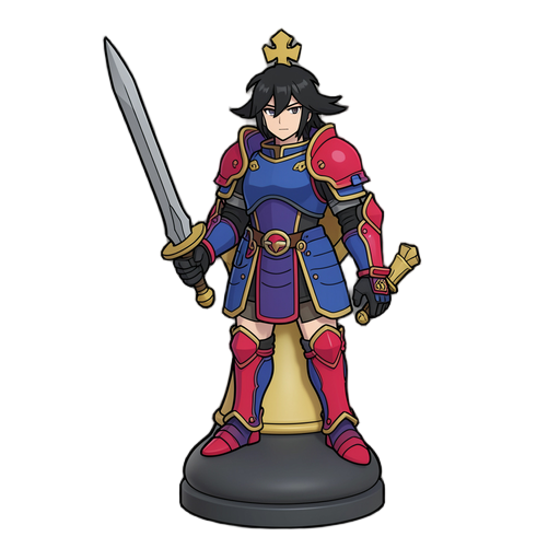 chess pieces with anime-style silhouettes, detailed armor, weapons, and unique individual features