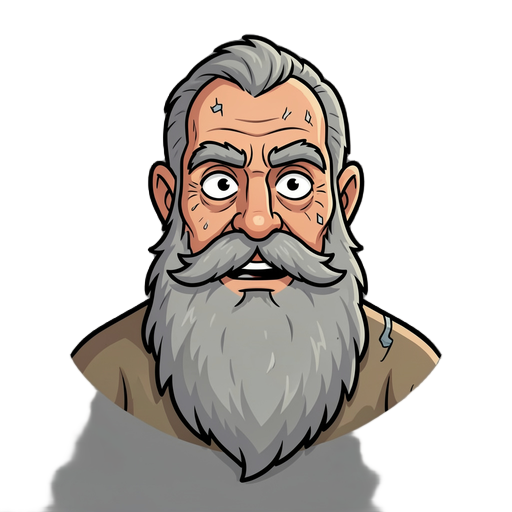 un vieil homme use par le temps avec une épaisse barbe grise. il sent le sel marin et le tabac de mauvaise qualite