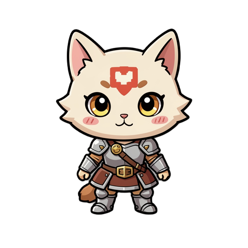  one small anthropomorphic feline knight character, palico-inspired cat warrior, chibi jrpg proportions, small body, large expressive head, visible cat ears, no helmet, visible detailed eyes, cute but brave expression, c