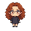 character design: cute chibi girl, curly auburn/brown hair,  round wire glasses, dark outfit, expressive eyes.  chibi proportions (big head, small body), clean black outlines,  soft shading, vibrant colors
