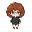 character design: cute chibi girl, curly auburn/brown hair,  round wire glasses, dark outfit, expressive eyes.  chibi proportions (big head, small body), clean black outlines,  soft shading, vibrant colors