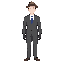 sexo: masculino, cor da pele: branco, tipo de cabelo: topete, cor do cabelo: loiro, roupa: terno com gravata com sapato social e luvas pretas( a roupa cobrindo todo o corpo), pode colocar tambem chapeu cuco e oculos circulares