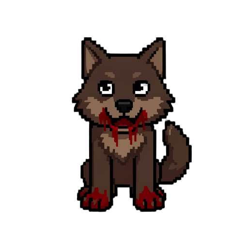 dark brown wolf  blood around the mouth and on the paws  32*32 pixel for game assets, transparent background