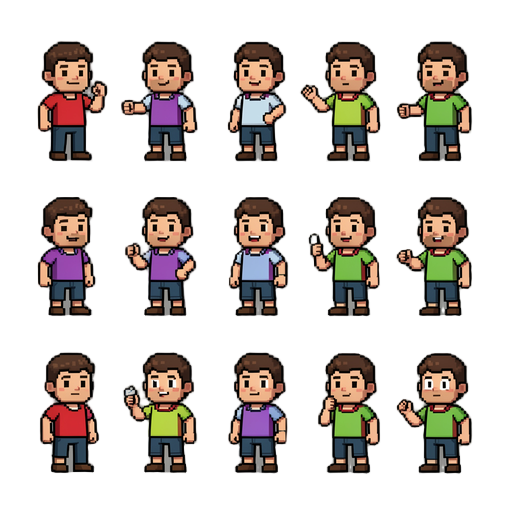 ช่วยสร้าง sprite ตัวละคร pixel แบบ gather.town และมีครบทุกท่าทาง และ การแสดงความรู้ซึ่งต่างๆ แบบไม่มี พื้นหลัง&nbsp;