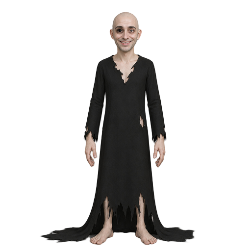 tall. thin. pale white skin. · black sunken eyes. wide smile cut into face. does not move mouth when he "speaks" (he does not speak). · wears torn black clothes. too long. drags on ground. · long fingers. pointed.
