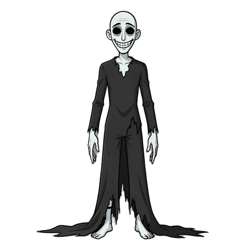 tall. thin. pale white skin. · black sunken eyes. wide smile cut into face. does not move mouth when he "speaks" (he does not speak). · wears torn black clothes. too long. drags on ground. · long fingers. pointed.