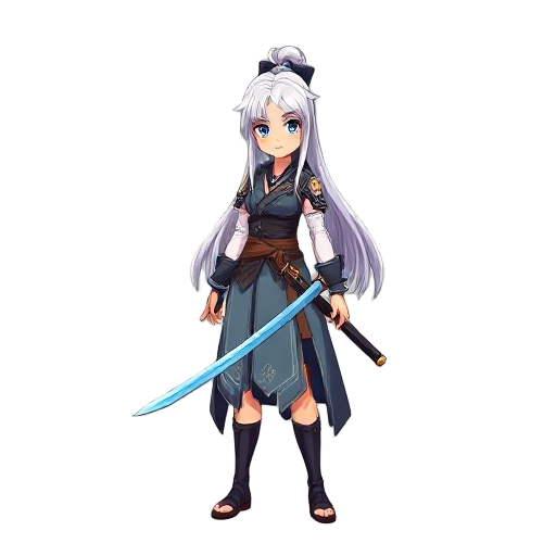 a 2d character depicting a woman in a samurai style with long white hair and a blue sword.
