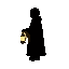 the silhouette of a character turned sideways wearing a cloak and holding an unlit lantern.