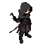 top-down 2D dark fantasy game character sprite, Errante adventurer, hooded cloak over worn leather and metal armor, sword at side, slight overhead view, facing south, transparent background, clean silhouette, no baked shadow, Diablo 1 mood