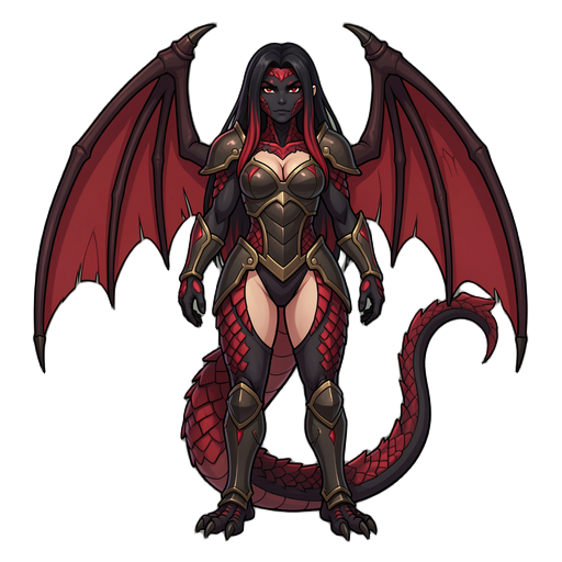 personagem dragão humanoide feminina, cabelo preto longo com detalhes vermelhos, pele de dragão preta com escamas vermelhas, asas grandes e cauda imponente. armadura estilizada cobre os seios, deixando os braços e barriga à mostra, cobre apenas a parte tr