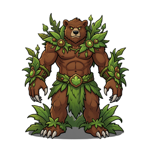 um ser mágico ancestralda floresta com garras como a de ursos e que sobra as vegetaçoes ao seu favor. eles fazem parte de uma sociedade dos povos da florestabe deve ser humanoide e não um ursoi