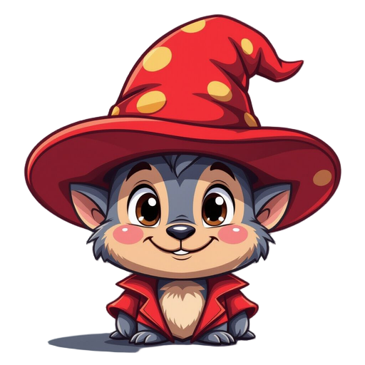 pequeno guaxinim mágico com grande chapéu vermelho de cogumelo