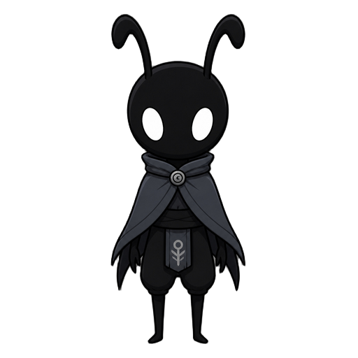 faça um personagem inspirado no protagonista de hollow night mas totalmente original, faça com uma cabeça redonda e umas antenas, faça ele com cabeça preta e olhos brancos