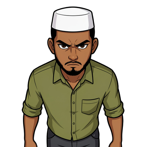 bangladeshi male, early 20s, lean. medium warm brown skin #8b5e3c. white flat-topped kufi cap on crown of head #f0f0f0. black stubble beard along jaw. dark brown eyes, stern slightly angry expression. olive green long-sleeve button shirt, sleeves rolled t