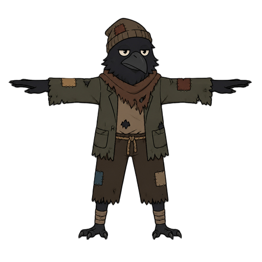 um corvo legal, mas vestido como mendigo.