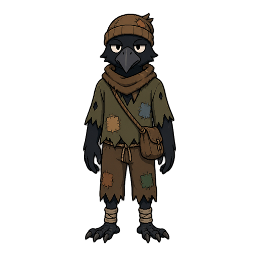 um corvo legal, mas vestido como mendigo.