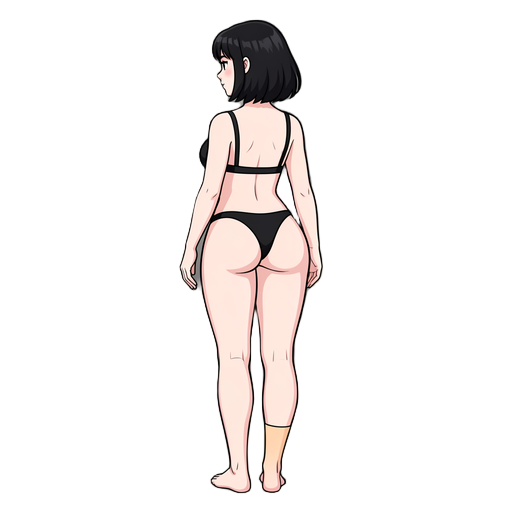 generate a pale skin woman with big breas ad big booty black short hair in blak lingerie and feet with out sock on the back side 