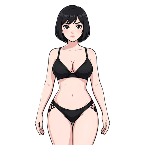 generate a pale skin woman with big breas ad big booty black short hair in blak lingerie