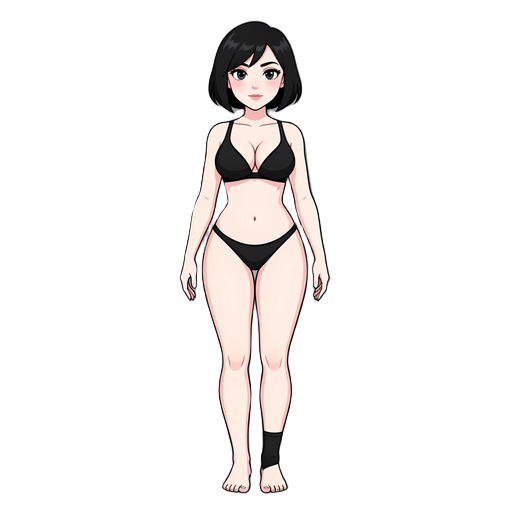 generate a pale skin woman with big breas ad big booty black short hair in blak lingerie and feet with out sock 