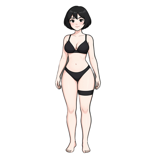 generate a pale skin woman with big breas ad big booty black short hair in blak lingerie and feet with out sock naked