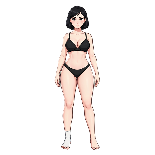 generate a pale skin woman with big breas ad big booty black short hair in blak lingerie and feet with out sock on the left side 