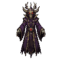 dark fantasy necromancer boss, floating ancient lich sorcerer, tall and imposing silhouette, wearing a long tattered dark purple and black robe with gold trims and mystical ornaments. ornate bird-like mask helmet with glowing red eyes, large crown-shaped 