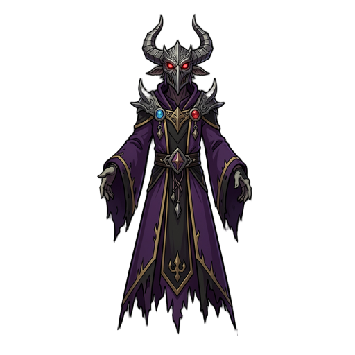 dark fantasy necromancer boss, floating ancient lich sorcerer, tall and imposing silhouette, wearing a long tattered dark purple and black robe with gold trims and mystical ornaments. ornate bird-like mask helmet with glowing red eyes, large crown-shaped 