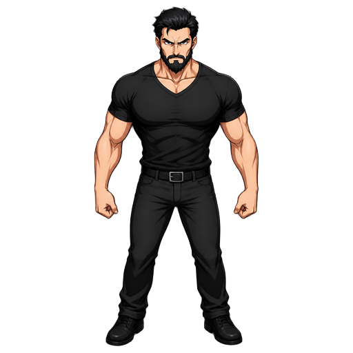 a strong muscular male anime-style character, standing front view with a serious intimidating expression. he has sharp facial features, black spiky hair, a full black beard, broad shoulders, muscular arms, and a powerful athletic body. he wears a tight bl
