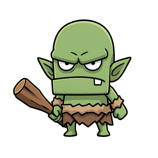 a 2d green goblin, huge round bald head, square jaw, one sharp lower tooth sticking out, angry white eyes, holding a crude wooden club, wearing primitive torn leather loincloth, 2d vector style, clean outline, flat cell shading, full front view, looking f