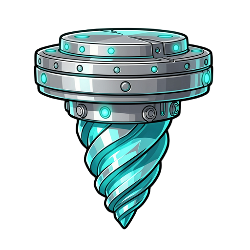 a fat and stubby acorn-shaped drill item, extremely short and wide proportions, flat wide cylinder upper part with glowing cyan rivets, thick and blunt spinning spiral cone at the bottom, made of glowing cyan mithril and polished chrome steel, intricate f