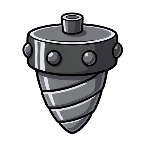 a fat and stubby acorn-shaped drill item, flat wide metallic cylinder upper part with rounded metal rivets, thick and blunt spiraling screw cone at the bottom, dark gray steel and polished chrome iron texture, clean thick black outlines, cell-shaded 2d ca