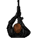 a strict top-down 2d game asset sprite of a soldier, head and shoulders view only. the character is facing straight up, towards the top edge of the image (0 degrees angle). brown hair, wearing a black military tactical uniform. holding and aiming a black 