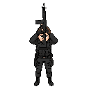 a strict top-down 2d game asset sprite of a soldier, head and shoulders view only. the character is facing straight up, towards the top edge of the image (0 degrees angle). brown hair, wearing a black military tactical uniform. holding and aiming a black 