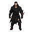 adult male dark fantasy warrior, slim, small head, black robes, tied hair, corrupted iron arm and leg, red cracks, low detail, not chibi, transparent background