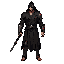 adult male dark fantasy warrior, slim, small head, black robes, tied hair, corrupted iron arm and leg, red cracks, low detail, not chibi, transparent background