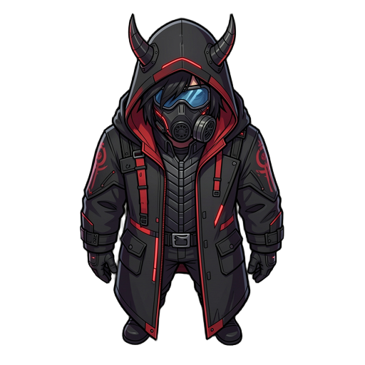 cyberpunk rogue in black coat and hood, red accent, gas mask and visor