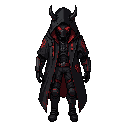 cyberpunk rogue assassin, strict top-down view, full body, extremely thin and wiry build, black hooded cloak, oversized hood, futuristic black mask with glowing red visor, black demonic horns emerging from the hood, red glowing accents, lightweight stealt