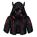 cyber ninja in black coat with deep hood, gas mask and gogles