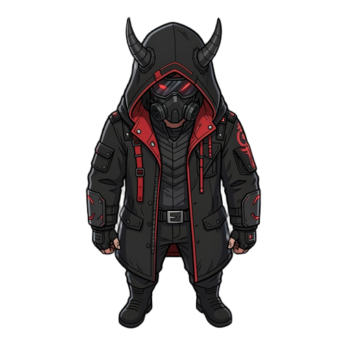 thin cyberpunk rogue in black coat and hood, red accent, gas mask and visor