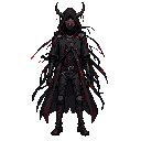 cyberpunk rogue assassin, full body, extremely thin and wiry build, black hooded cloak, oversized hood, futuristic black mask with glowing red visor, black demonic horns emerging from the hood, red glowing accents, lightweight stealth armor beneath the cl