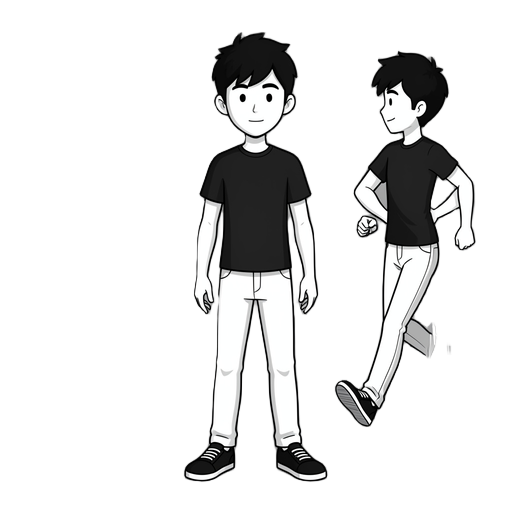 crie um personagem 2d, branco com cabelo preto, camisa preta e calça branca e tenis preto, crie tambem os sprites de idle e run